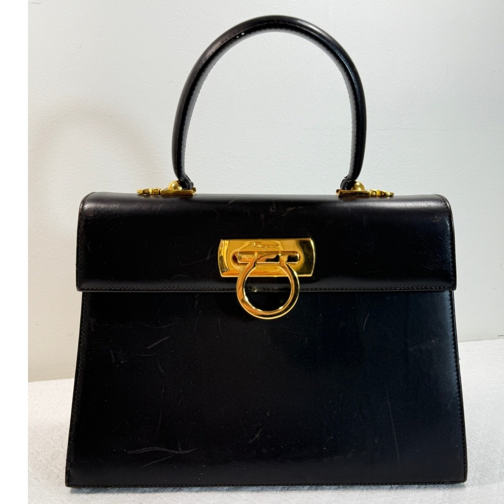 Salvatore Ferragamo Handbag Gancini Deep Dk Brown Gold BX 212181 Italy VTG FLAW